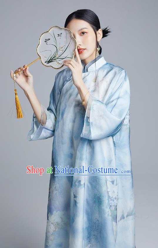 China Classical Loose Cheongsam Costume Traditional Young Lady Printing Peony Blue Organdy Qipao Dress