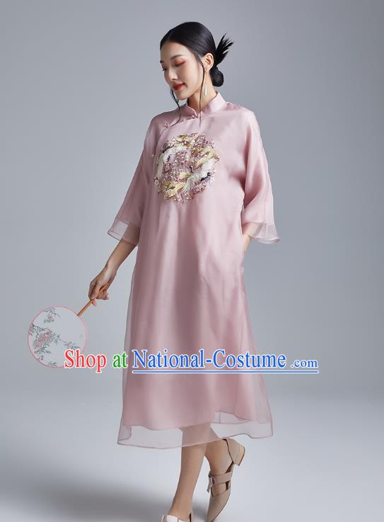 China Classical Pink Organdy Cheongsam Costume Traditional Young Lady Embroidered Cranes Qipao Dress