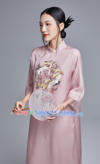 China Classical Pink Organdy Cheongsam Costume Traditional Young Lady Embroidered Cranes Qipao Dress