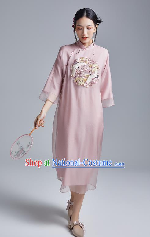 China Classical Pink Organdy Cheongsam Costume Traditional Young Lady Embroidered Cranes Qipao Dress