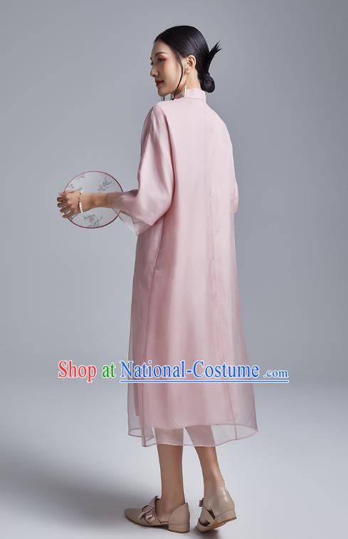 China Classical Pink Organdy Cheongsam Costume Traditional Young Lady Embroidered Cranes Qipao Dress