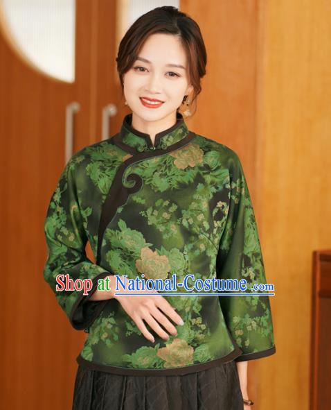 China National Shirt Traditional Printing Watered Gauze Upper Outer Garment Classical Green Silk Cheongsam Shirt