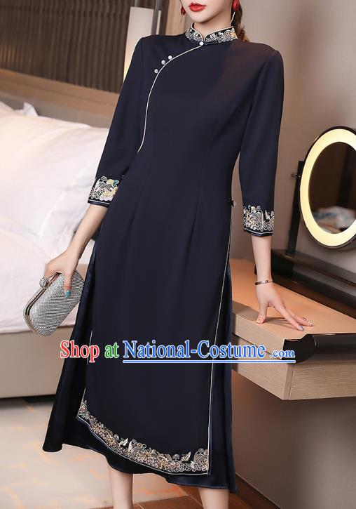 Chinese Traditional Tang Suit Cheongsam Costume National Embroidered Navy Blue Qipao Dress