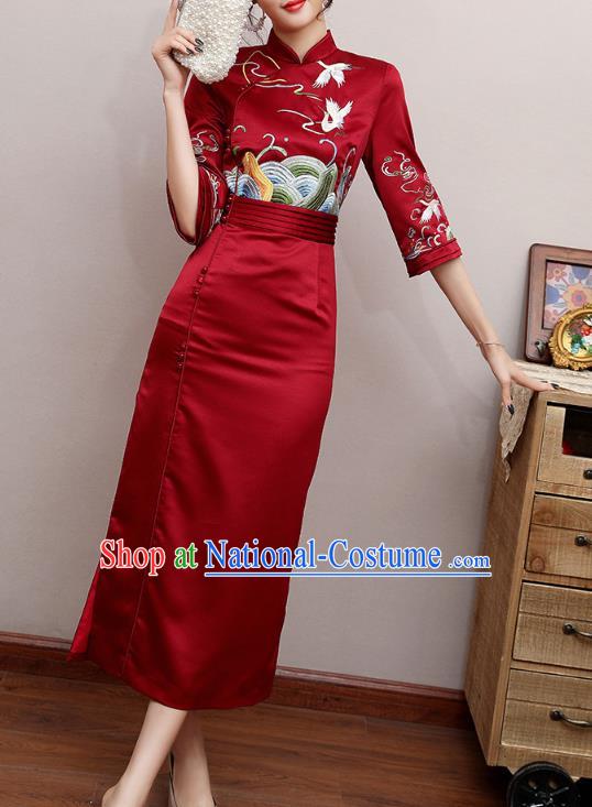 Chinese Traditional Tang Suit Embroidered Cheongsam Costume Modern Dance Dark Red Satin Qipao Dress