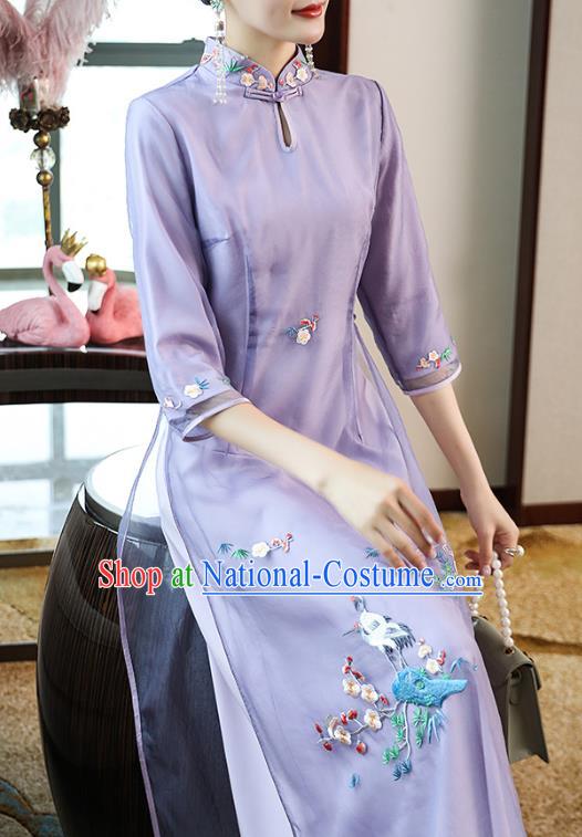 Chinese Zen Costume Traditional Tang Suit Embroidered Purple Organdy Cheongsam Stand Collar Qipao Dress