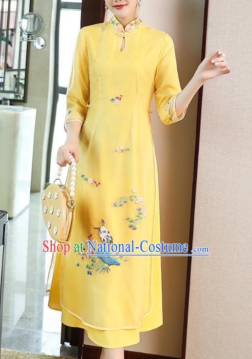 Chinese Stand Collar Qipao Dress Zen Costume Traditional Tang Suit Embroidered Yellow Organdy Cheongsam