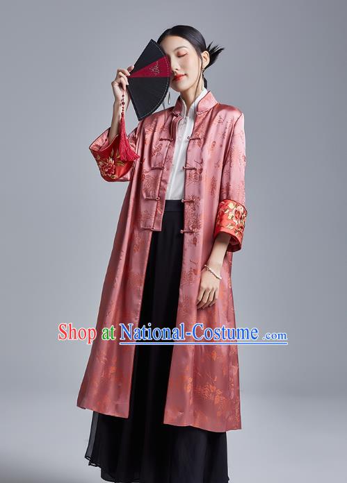 Chinese Traditional Tang Suit Overcoat National Embroidered Pink Brocade Dust Coat