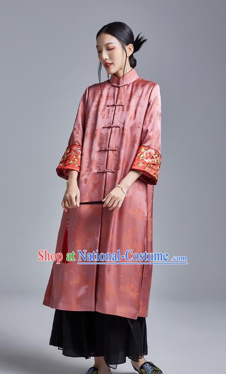 Chinese Traditional Tang Suit Overcoat National Embroidered Pink Brocade Dust Coat