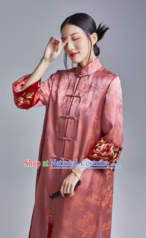 Chinese Traditional Tang Suit Overcoat National Embroidered Pink Brocade Dust Coat