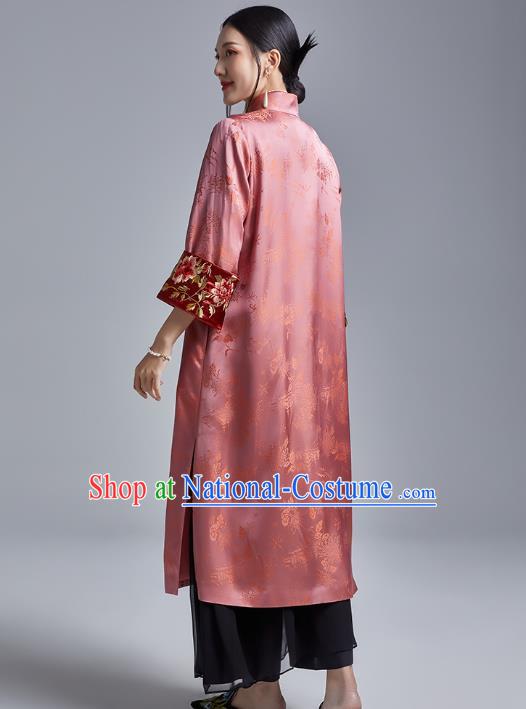 Chinese Traditional Tang Suit Overcoat National Embroidered Pink Brocade Dust Coat