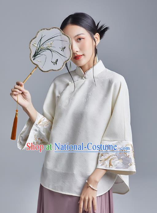 Chinese Traditional Tang Suit Shirt Upper Outer Garment Classical Cheongsam Embroidered Phoenix White Blouse