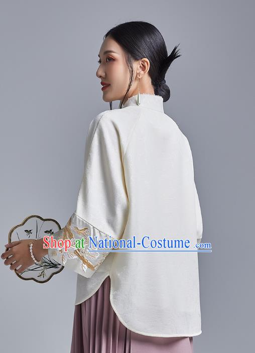 Chinese Traditional Tang Suit Shirt Upper Outer Garment Classical Cheongsam Embroidered Phoenix White Blouse