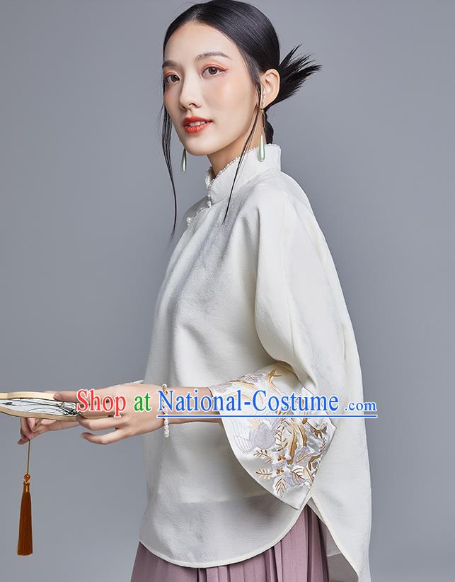 Chinese Traditional Tang Suit Shirt Upper Outer Garment Classical Cheongsam Embroidered Phoenix White Blouse