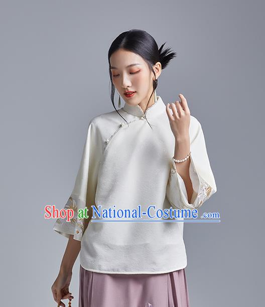 Chinese Traditional Tang Suit Shirt Upper Outer Garment Classical Cheongsam Embroidered Phoenix White Blouse