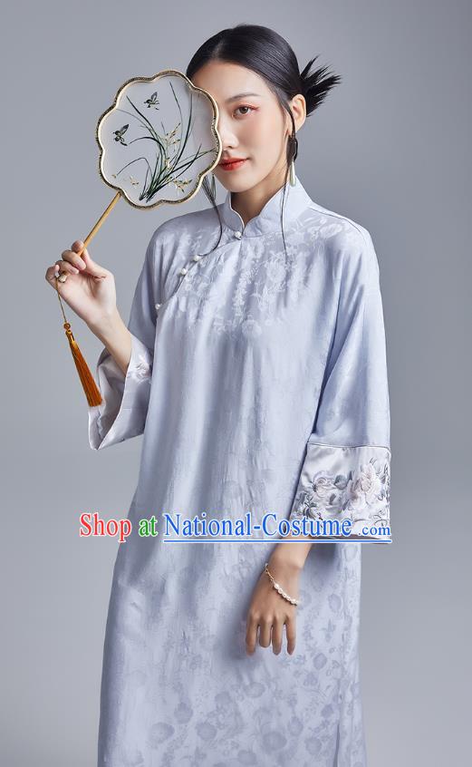 China Classical Embroidered Brocade Cheongsam Costume Traditional Young Lady Blue Silk Qipao Dress