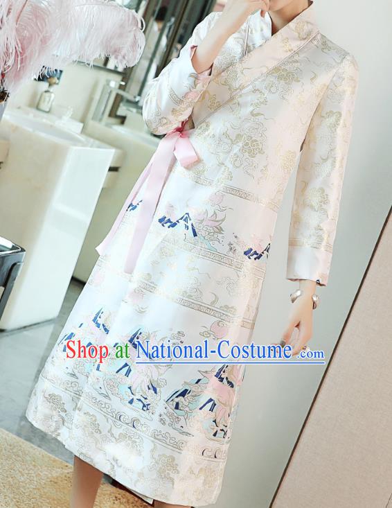 Chinese Traditional Woman Qipao Dress Tang Suit White Brocade Cheongsam Costume