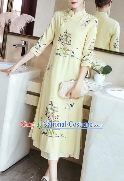 Chinese Stand Collar Qipao Dress Traditional Tang Suit Embroidered Light Yellow Cheongsam Zen Costume