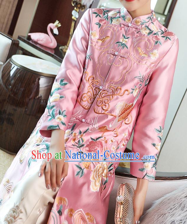 China National Embroidered Pink Brocade Dust Coat Traditional Tang Suit Outer Garment Cotton Wadded Coat