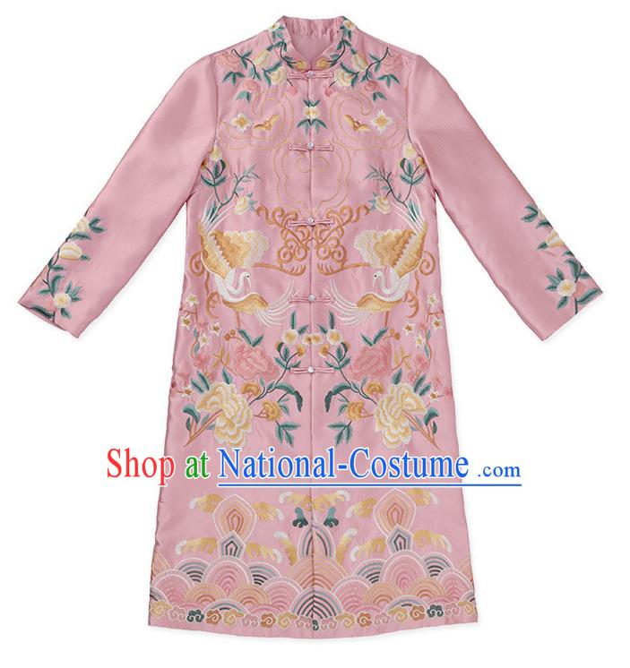 China National Embroidered Pink Brocade Dust Coat Traditional Tang Suit Outer Garment Cotton Wadded Coat