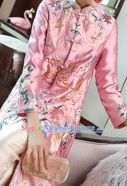 China National Embroidered Pink Brocade Dust Coat Traditional Tang Suit Outer Garment Cotton Wadded Coat