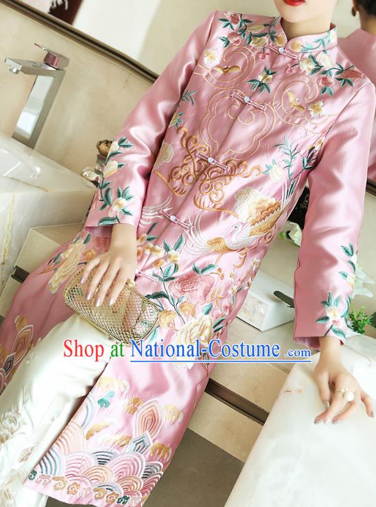 China National Embroidered Pink Brocade Dust Coat Traditional Tang Suit Outer Garment Cotton Wadded Coat