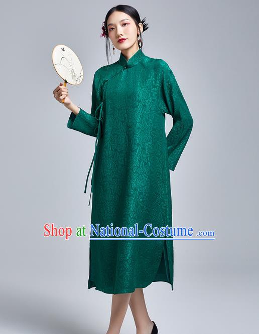 China Classical Silk Cheongsam Costume Traditional Young Lady Deep Green Brocade Qipao Dress