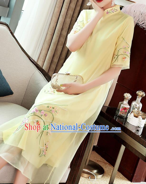 Chinese Traditional Tang Suit Qipao Dress Embroidered Light Yellow Organdy Cheongsam Costume