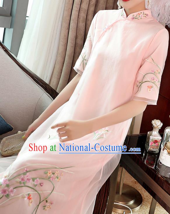 Chinese Embroidered Pink Organdy Cheongsam Costume Traditional Tang Suit Qipao Dress