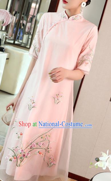 Chinese Embroidered Pink Organdy Cheongsam Costume Traditional Tang Suit Qipao Dress