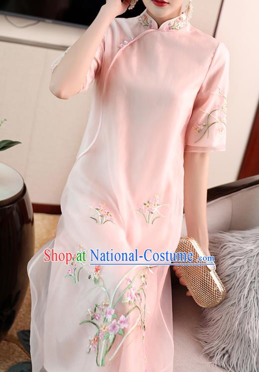 Chinese Embroidered Pink Organdy Cheongsam Costume Traditional Tang Suit Qipao Dress