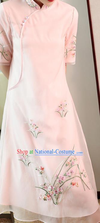 Chinese Embroidered Pink Organdy Cheongsam Costume Traditional Tang Suit Qipao Dress