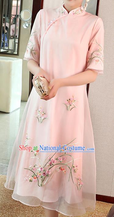 Chinese Embroidered Pink Organdy Cheongsam Costume Traditional Tang Suit Qipao Dress