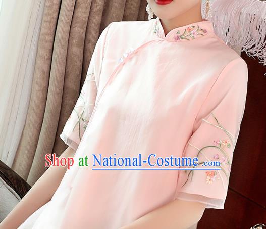 Chinese Embroidered Pink Organdy Cheongsam Costume Traditional Tang Suit Qipao Dress