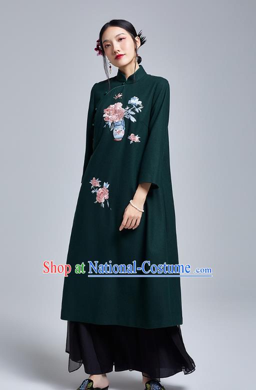 China Classical Atrovirens Woolen Cheongsam Costume Traditional Young Lady Embroidered Qipao Dress