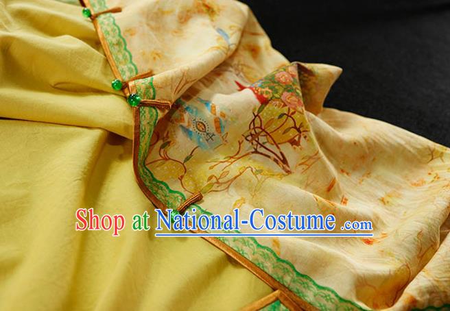 Chinese Classical Tang Suit Slim Cheongsam Traditional Minguo Printing Yellow Flax Qipao Dress