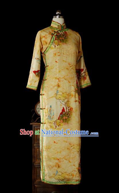 Chinese Classical Tang Suit Slim Cheongsam Traditional Minguo Printing Yellow Flax Qipao Dress