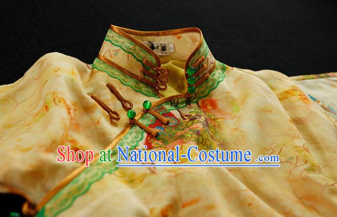 Chinese Classical Tang Suit Slim Cheongsam Traditional Minguo Printing Yellow Flax Qipao Dress