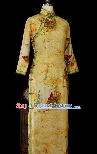 Chinese Classical Tang Suit Slim Cheongsam Traditional Minguo Printing Yellow Flax Qipao Dress