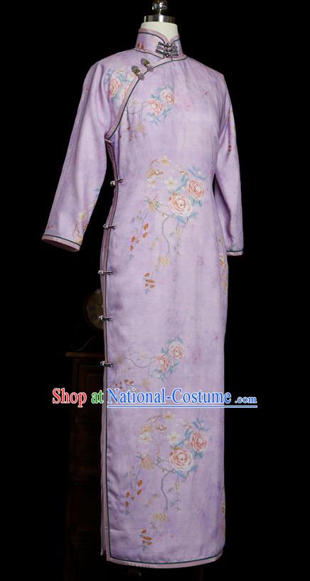 Republic of China Classical Slim Cheongsam Traditional Minguo Tang Suit Printing Peony Violet Flax Qipao Dress