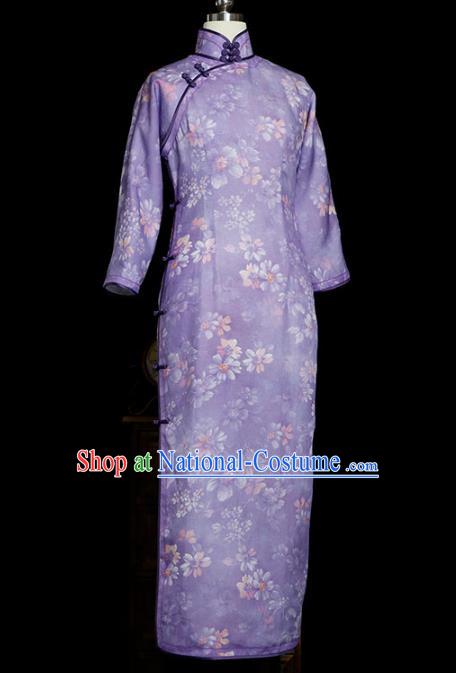 Republic of China Tang Suit Printing Violet Qipao Dress Traditional Minguo Classical Slim Cheongsam