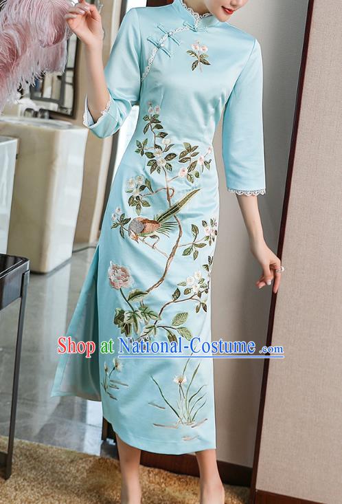 Chinese Traditional Tang Suit Cheongsam Costume Embroidered Blue Satin Qipao Dress