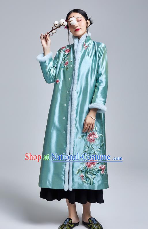 Chinese Traditional Tang Suit Cotton Wadded Coat National Embroidered Peony Blue Silk Dust Coat