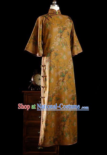 Republic of China Yellow Gambiered Guangdong Gauze Qipao Dress Traditional Minguo Classical Printing Pear Blossom Cheongsam