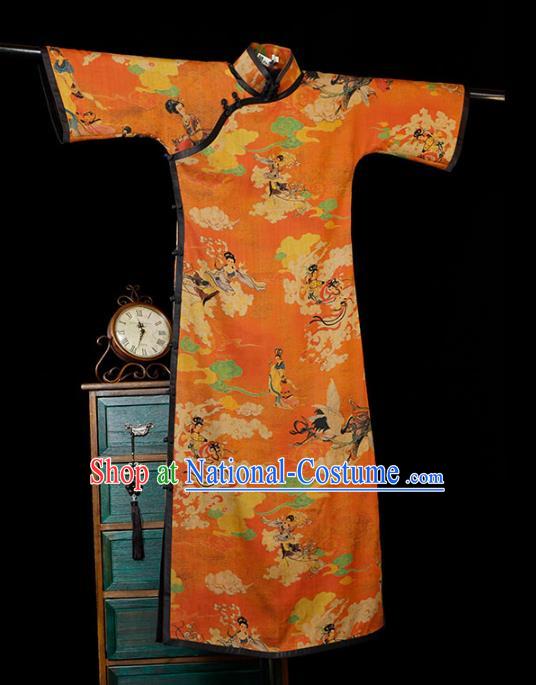 Republic of China Printing Fairy Qipao Dress Traditional Minguo Classical Shanghai Orange Gambiered Guangdong Gauze Cheongsam