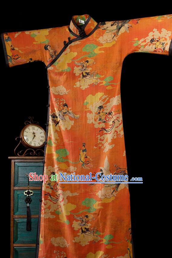 Republic of China Printing Fairy Qipao Dress Traditional Minguo Classical Shanghai Orange Gambiered Guangdong Gauze Cheongsam