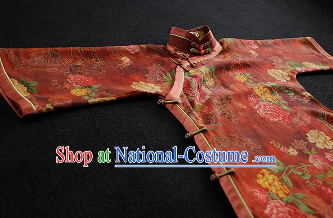 Republic of China Classical Red Gambiered Guangdong Gauze Cheongsam Traditional Minguo Shanghai Printing Peony Qipao Dress