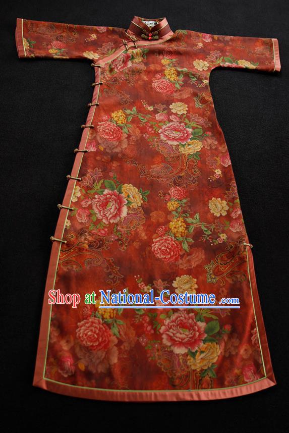 Republic of China Classical Red Gambiered Guangdong Gauze Cheongsam Traditional Minguo Shanghai Printing Peony Qipao Dress