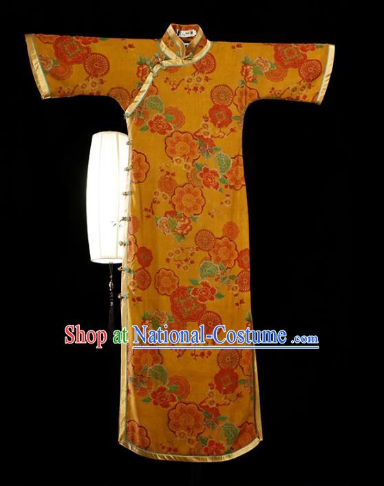 Republic of China Classical Printing Yellow Cheongsam Traditional Minguo Gambiered Guangdong Gauze Qipao Dress