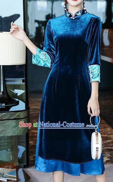 Chinese Traditional Embroidered Blue Velvet Qipao Dress Tang Suit Cheongsam Costume