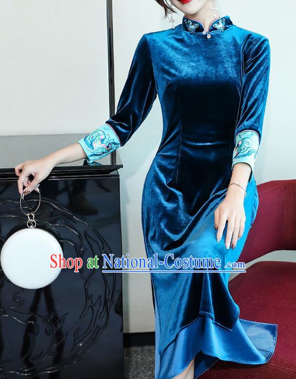 Chinese Traditional Embroidered Blue Velvet Qipao Dress Tang Suit Cheongsam Costume